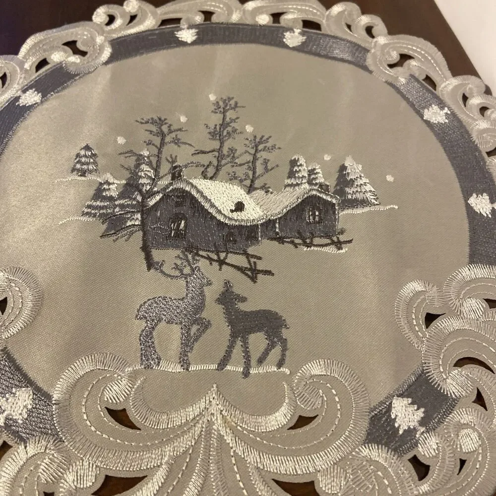 Vintage Christmas Embroidered 11” Round Doily Table Mat Cabin Deer Cutout Lace
